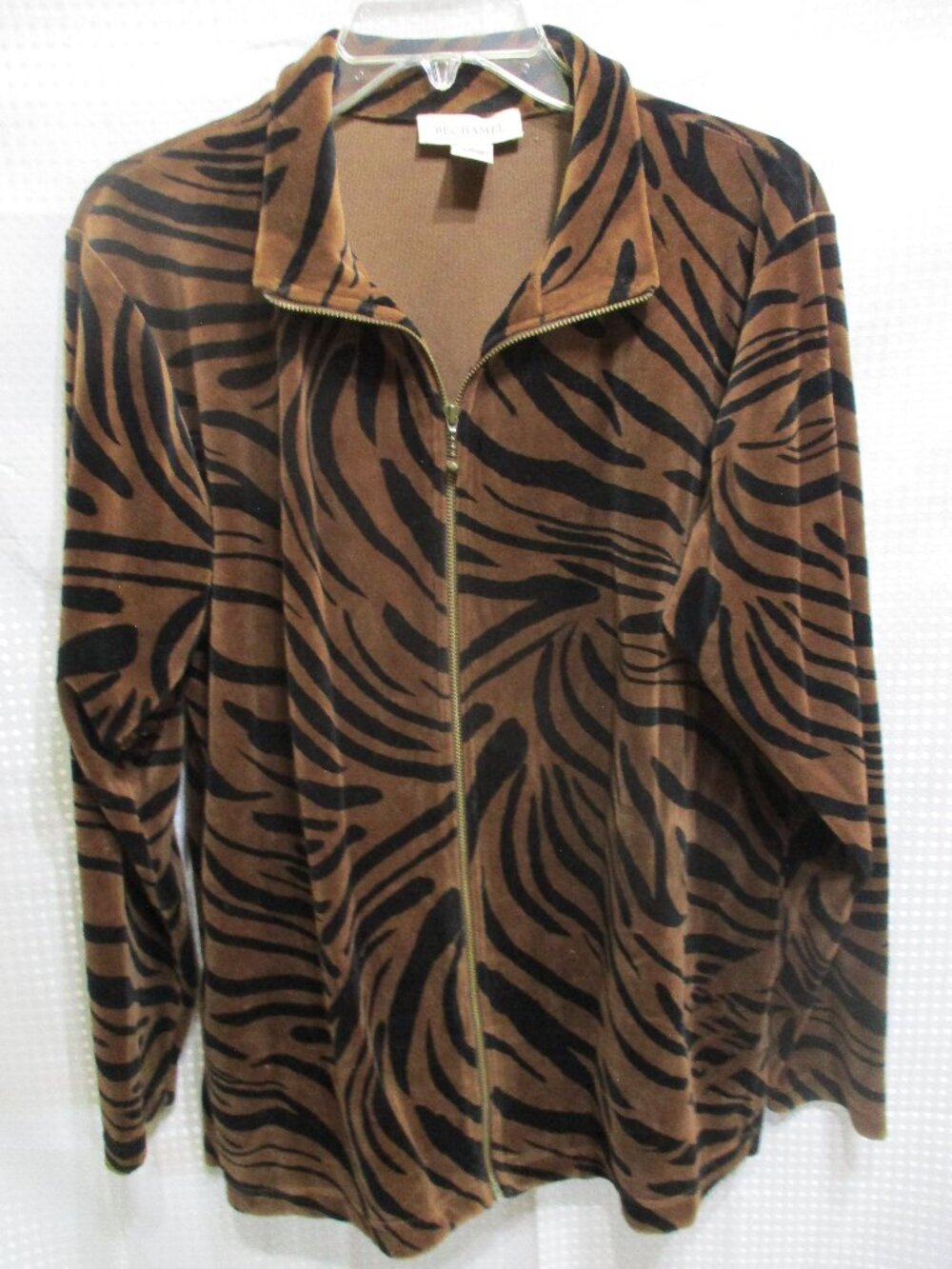 Vintage 1990's Bechamel Black & Brown Tiger Stripe Velour Zip-Up Jacket Sz. M